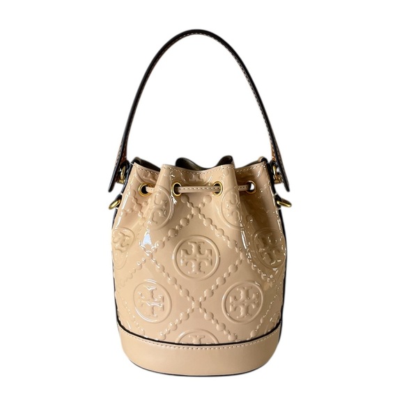 Tory Burch Mini T Monogram Bucket Bag Warm Chai Patent Leather w/Dust Bag - Picture 6 of 16